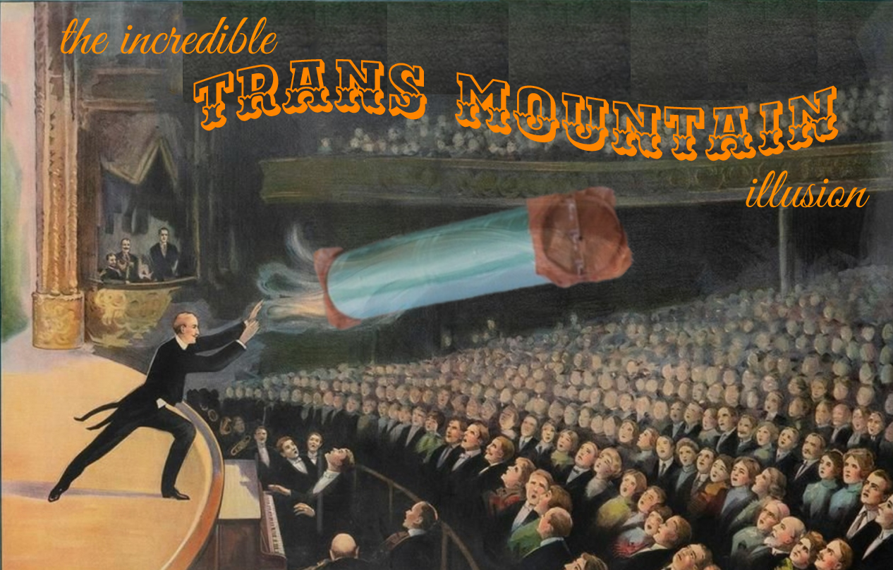 Old-fashioned artwork with magician on stage levitating a section of pipeline