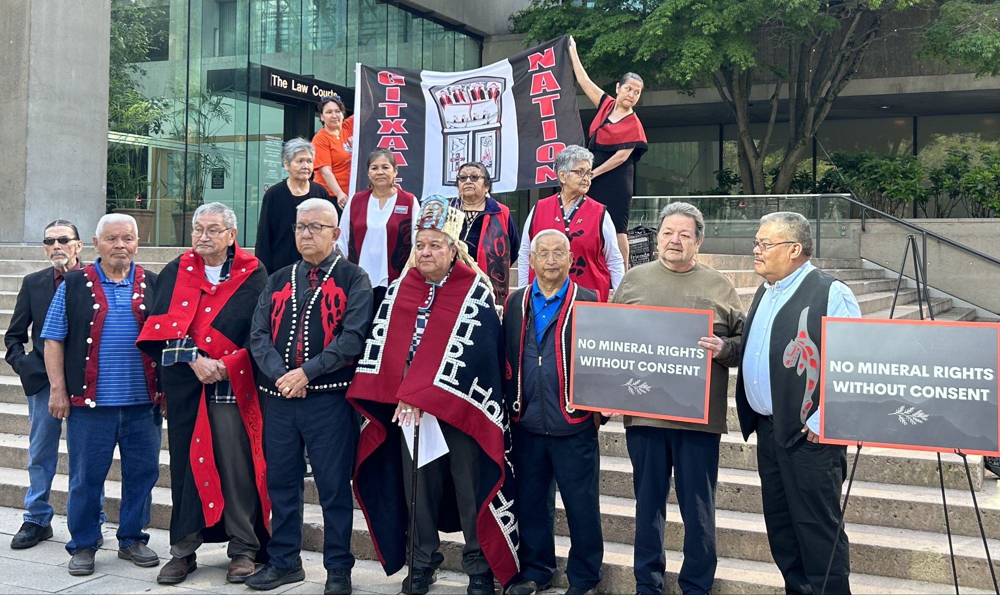 Gitxaała Nation members gathered outside the Vancouver courthouse, May 2023 (Photo: Alexis Stoymenoff)