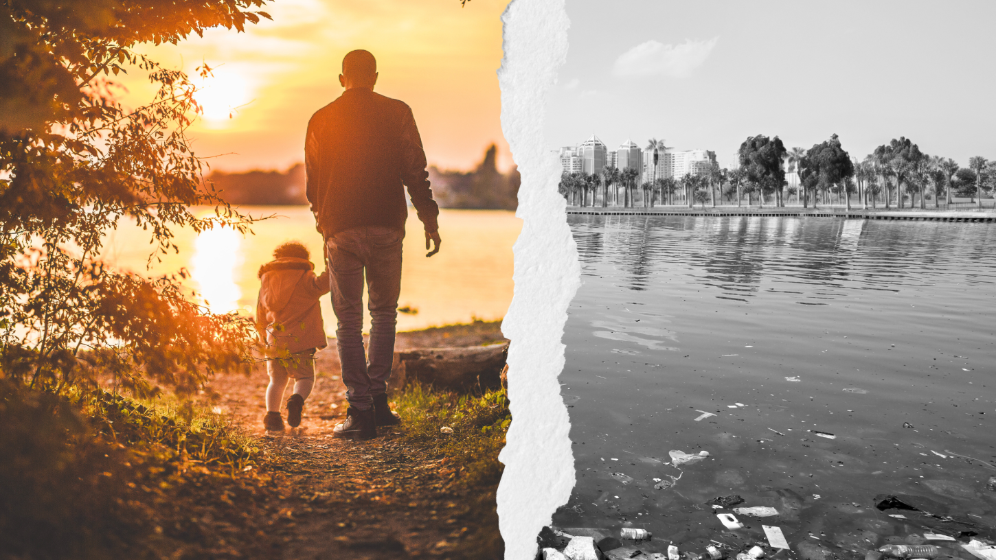 Father and child walking in lakeside sunset juxtaposed with water pollution greyscale image 