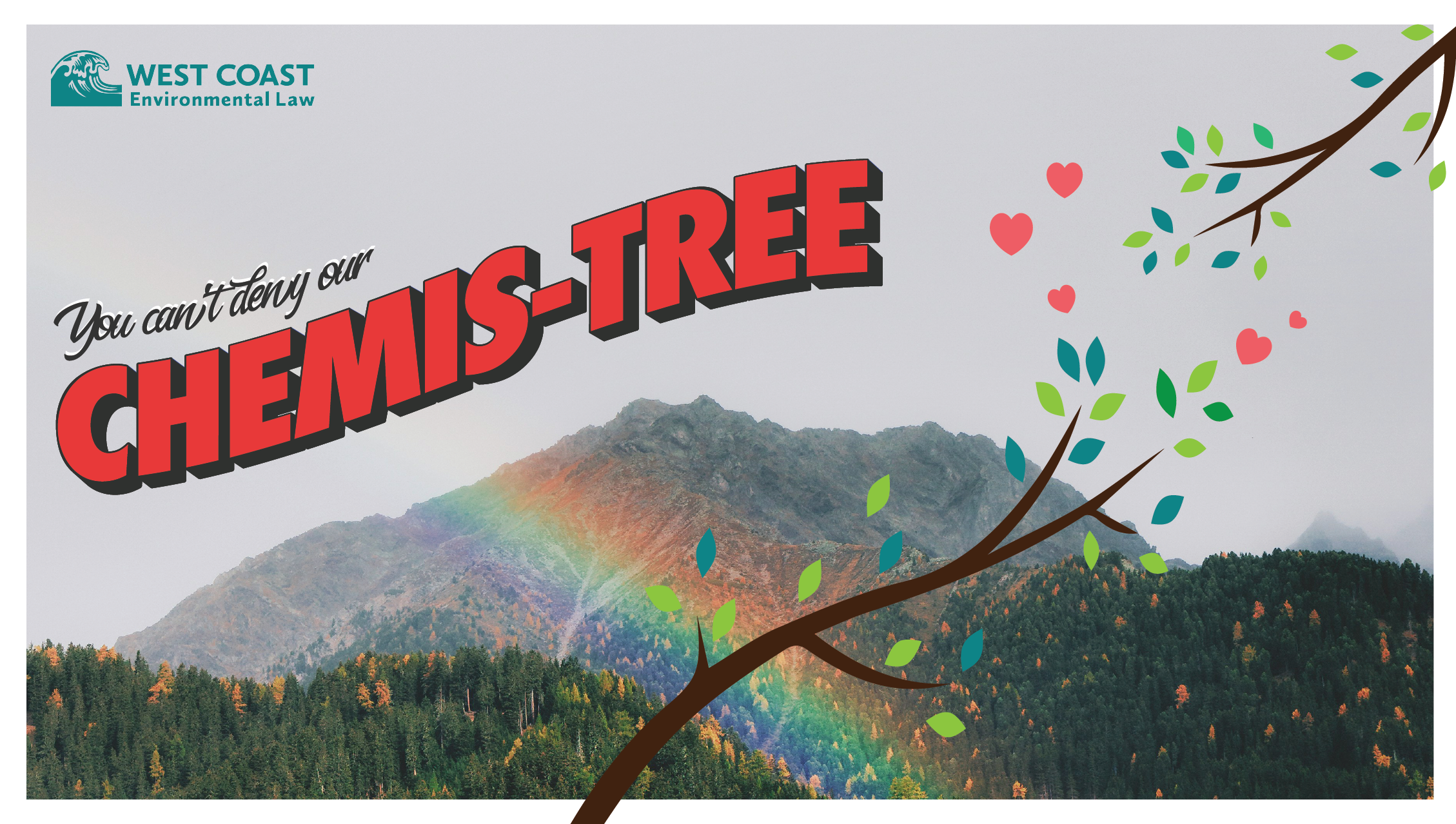 Graphic with text "You can't deny our chemis-tree" and image of forested mountain behind tree branches and hearts.