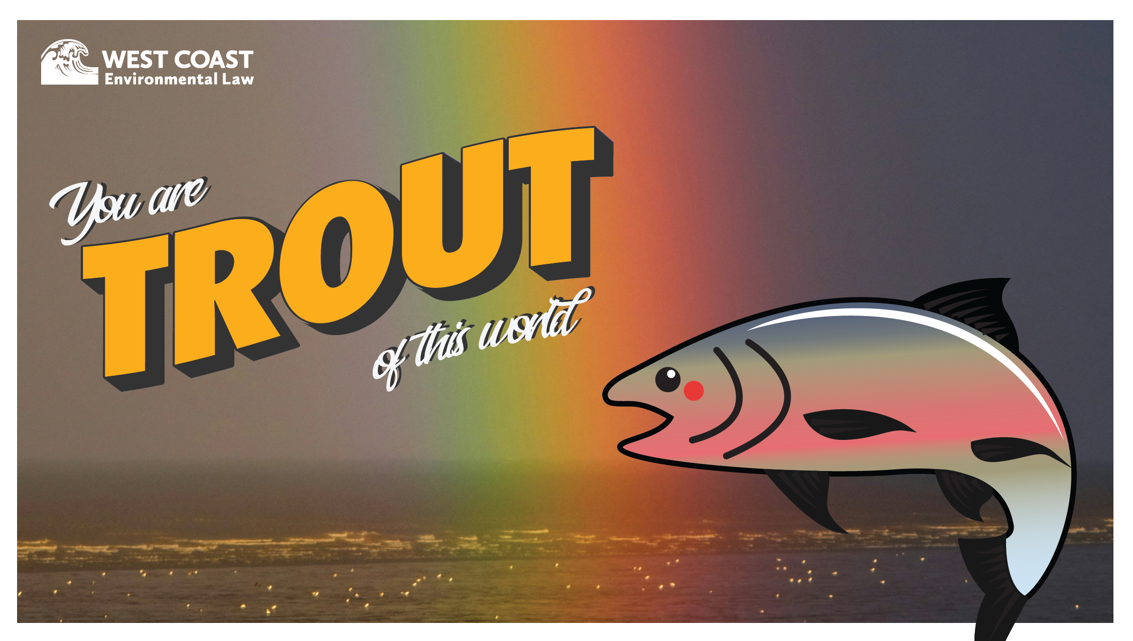 Graphic with text "You are TROUT of this world" with image of water body behind illustration of rainbow trout