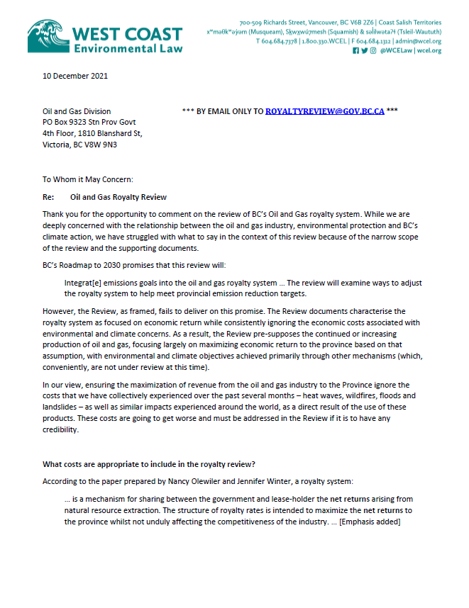 West Coast Environmental Law's submission to BC's Oil & Gas Royalty