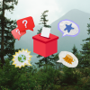 Graphic illustration with a ballot box and speech bubbles on forest image background