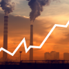 Upward line graph with smokestack image in background